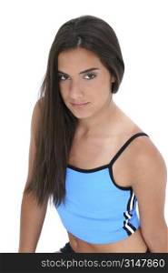 Beautiful dark haired tan teen girl in workout clothes over white.