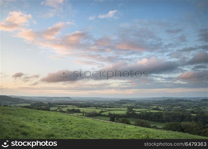 Beautiful dawn landscape over Somerset Levels in English country. Beautiful sunrise landscape over Somerset Levels in English countryside