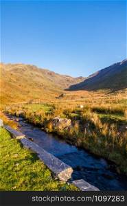 Beautiful Day in Winter Autumn Fall with stream. Cwm Croesor Valley Snowdonia national Park, Gwynedd, Wales, UK, Portrait