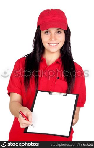 Beautiful dealer getting the signature isolated over white background