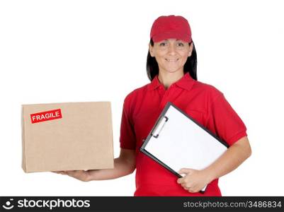 Beautiful dealer with box and clipboard isolated over white background