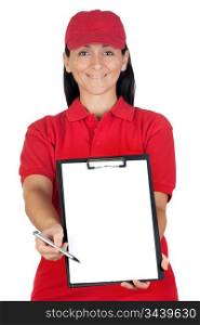 Beautiful dealer with clipboard with focus on face isolated over white background