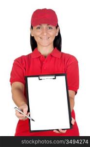 Beautiful dealer with focus on clipboard getting the signature isolated over white background