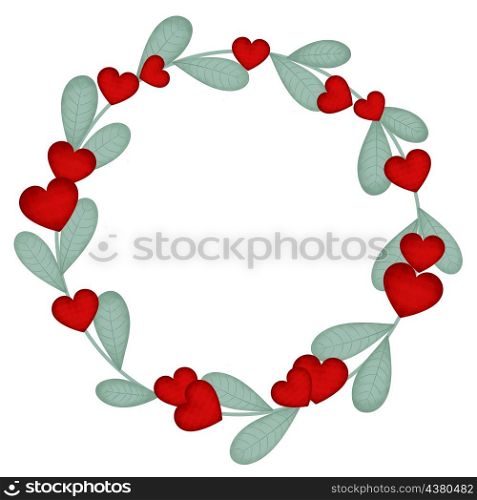 Beautiful deciduous circular wreath with red hearts. Round botanical watercolor frame. Rim template for postcard, congratulations or invitations. Beautiful deciduous circular wreath with red hearts