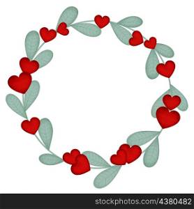 Beautiful deciduous circular wreath with red hearts. Round botanical watercolor frame. Rim template for postcard, congratulations or invitations. Beautiful deciduous circular wreath with red hearts