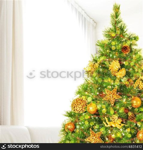 Beautiful decorated Christmas tree at home, luxury golden decoration, happy New Year celebrations, winter holidays concept