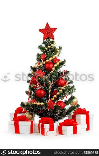 Beautiful decorated christmas tree isolated on white background