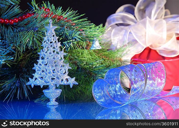 Beautiful Decorated Christmas tree on a darl background