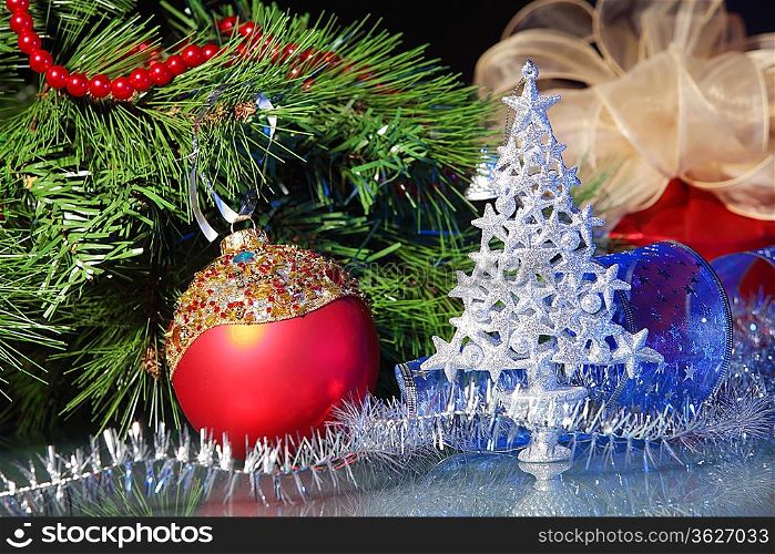 Beautiful Decorated Christmas tree on a darl background