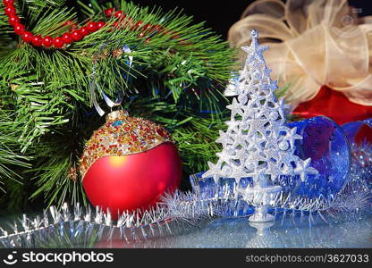 Beautiful Decorated Christmas tree on a darl background