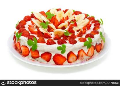 Beautiful decorated fruit cake , strawberry-banana paradise isolated on white