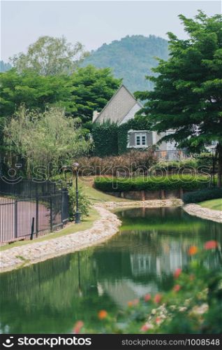 Beautiful decoration of English country style building covered with green creeper plant