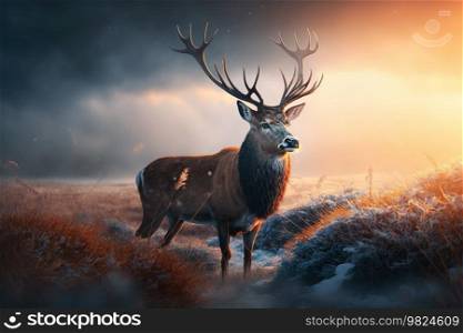 Beautiful Deer Buck in the Morning Foggy Field. AI generated Illustration.