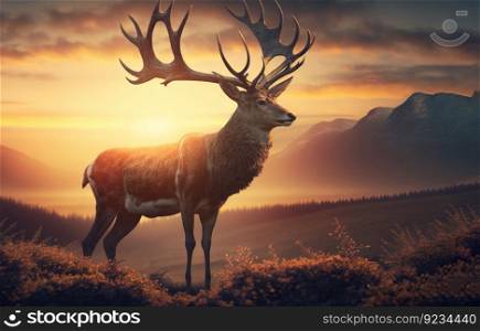 Beautiful deer on a background with a sunrise in a clearing. AI generated. Natural nature wallpaper.. Beautiful deer on a background with a sunrise in a clearing. AI generated.