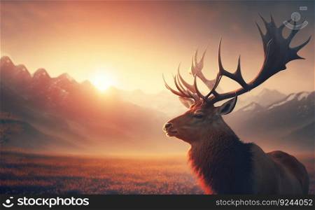 Beautiful deer on a background with a sunrise in a clearing. AI generated. Natural nature wallpaper. Header banner mockup with space.. Beautiful deer on a background with a sunrise in a clearing. AI generated.