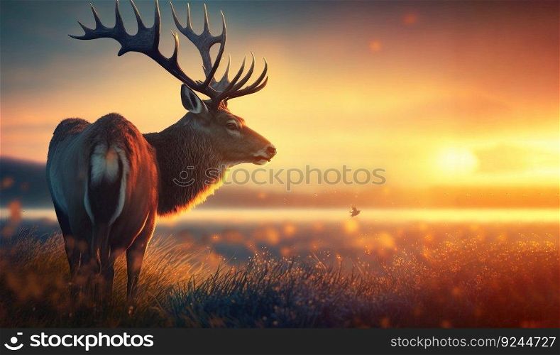 Beautiful deer on a background with a sunrise in a clearing. AI generated. Natural nature wallpaper. Header banner mockup with space.. Beautiful deer on a background with a sunrise in a clearing. AI generated.