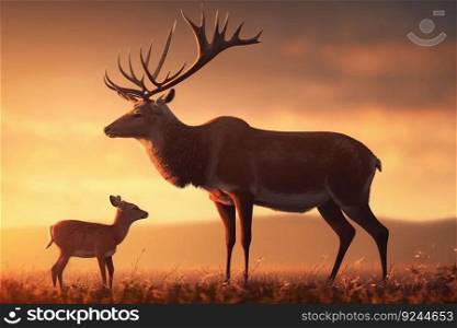 Beautiful deer with a fawn on a background with a sunrise in a clearing. AI generated. Natural nature wallpaper.. Beautiful deer with a fawn on a background with a sunrise in a clearing. AI generated.