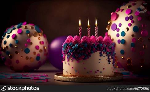 beautiful delicious birthday cake with viva magenta color candles .Generative AI