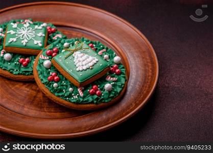 Beautiful delicious Christmas gingerbread on a concrete texture background. Christmas ornament