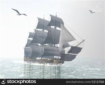 Beautiful detailed old merchant ship next to seagulls by foggy morning light. Old merchant ship - 3D render