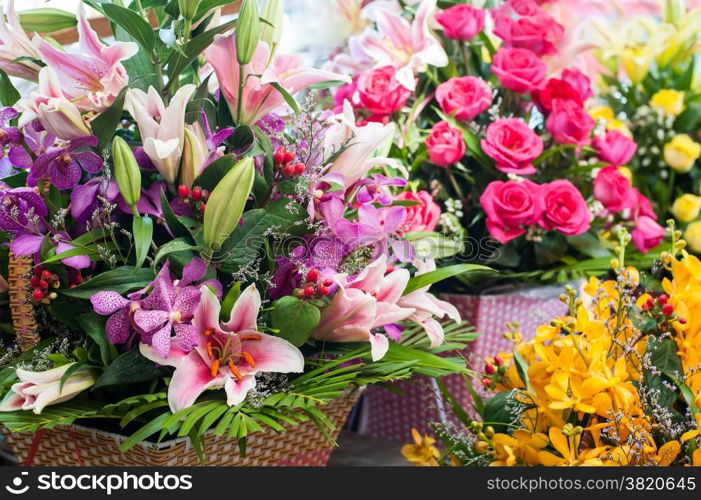 Beautiful different flowers bouquets at street shop