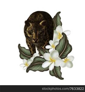 Beautiful digital card with tropical leaves, plumeria flowers and animal leopard. Illustration. Beautiful digital card with tropical leaves, plumeria flowers and animal leopard.