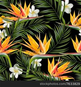 Beautiful digital seamless pattern with tropical leaves, plumeria flowers and strelitzia flowers. Illustration. Beautiful digital seamless pattern with tropical leaves, plumeria flowers and strelitzia flowers.