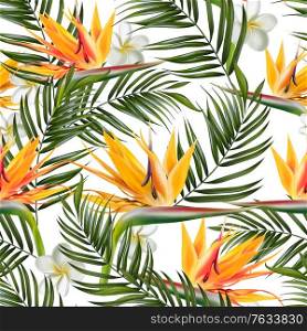 Beautiful digital seamless pattern with tropical leaves, plumeria flowers and strelitzia flowers. Illustration. Beautiful digital seamless pattern with tropical leaves, plumeria flowers and strelitzia flowers.