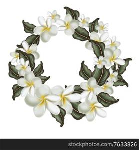 Beautiful digital wreath with tropical leaves and plumeria flowers. Illustration. Beautiful digital wreath with tropical leaves and plumeria flowers.