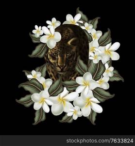 Beautiful digital wreath with tropical leaves, plumeria flowers and animal leopard. Illustration. Beautiful digital wreath with tropical leaves, plumeria flowers and animal leopard