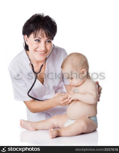 beautiful doctor and baby on a white background.