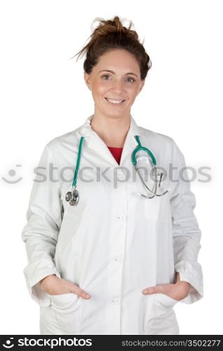Beautiful doctor woman isolated on white background