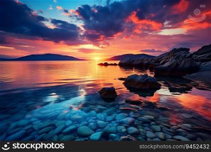 Beautiful Dramatic Sky View in Beach with Clear Water and Coral Reef at Sunrise