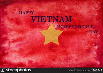 Beautiful drawing of the flag of Vietnam. National holiday concept. Closeup, top view, texture. Congratulations for family, relatives, friends and colleagues. Beautiful drawing of the flag of Vietnam