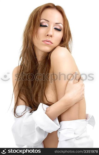 Beautiful dreaming woman with naked shoulders, isolated