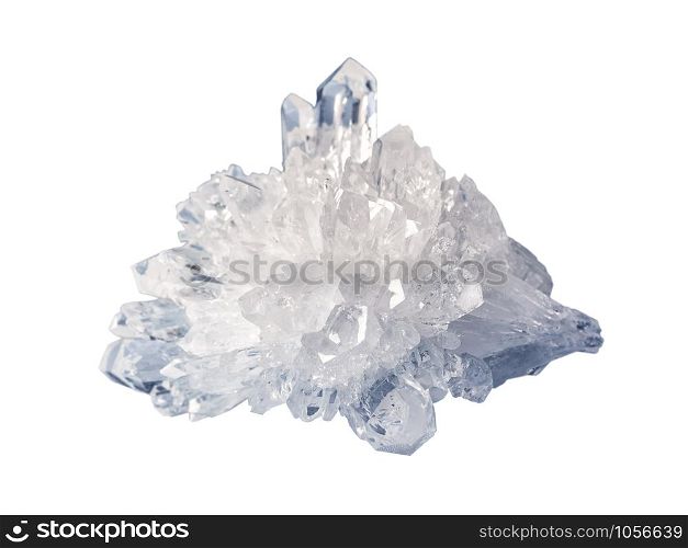 Beautiful druse of transparent crystals of rock crystal, isolated on a white background, close-up. Rock crystal is a semiprecious variety of quartz mineral. Collectible specimen