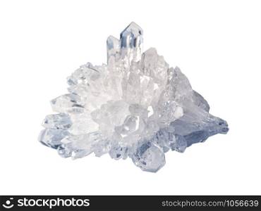 Beautiful druse of transparent crystals of rock crystal, isolated on a white background, close-up. Rock crystal is a semiprecious variety of quartz mineral. Collectible specimen