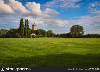 Beautiful Dutch Landscape With Green Field Trees Clouds and Castle