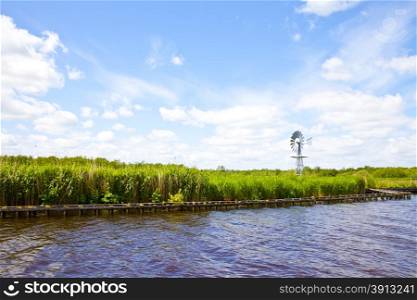 Beautiful Dutch landscape with high grass and little mill with blue sky