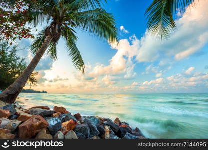 Beautiful early morning sunrise over Coconut tree with the sea the horizon at Hat chao lao beach in Chanthaburi Thailand.