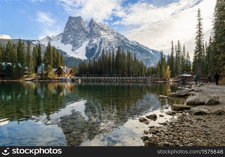 Beautiful early winter nature panoramic view of Emerald Lake with Rocky mountain reflection in Yoho National Park, British Columbia, canada