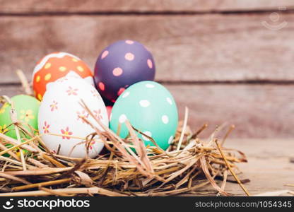 Beautiful Easter multi color egg in straw on wooden background, Easter day concept