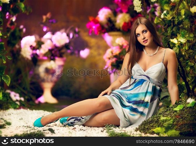 beautiful elegant woman in garden, stidio shot