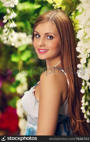 beautiful elegant woman in garden, stidio shot