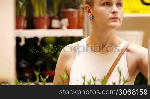 Beautiful elegant young woman with a friendly smile arranging ornamental bamboo in a vase reaching up with her hand