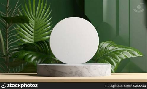 Beautiful empty podium with realistic leaves. Marble podium. Product presentation, mock up, show cosmetic product.