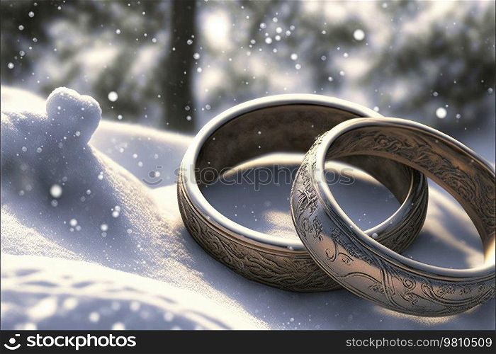Beautiful engagement brocaded rings on the cool snow. Alliance concept. Generative AI
