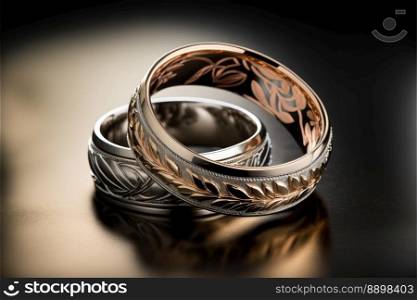 Beautiful engagement rings. Married symbol. Two wedding bands close up. Generative AI