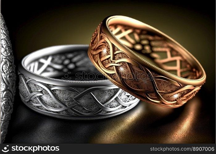 Beautiful engagement rings. Married symbol. Two wedding bands close up. Generative AI