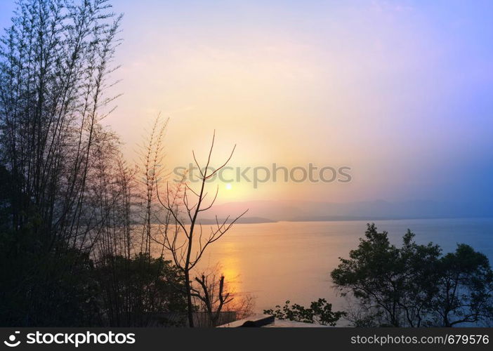 Beautiful environment of beautiful sunset on Khuean Srinagarindra National Park at Kanchanaburi , Thailand and sky for travel in holiday relax time